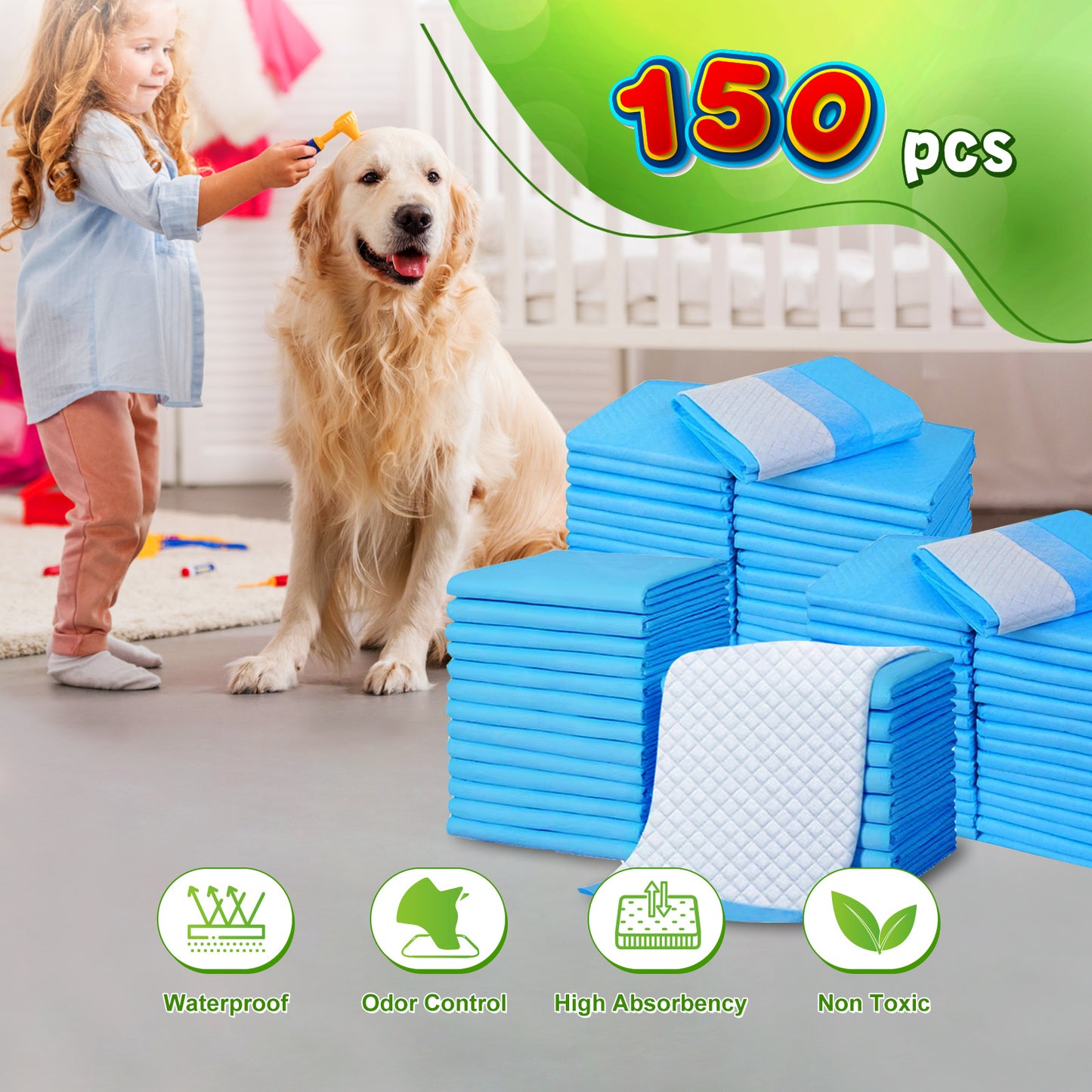 Dog and Puppy Training Pads, 150 Count Absorbent Dog Pee Potty Training Pads