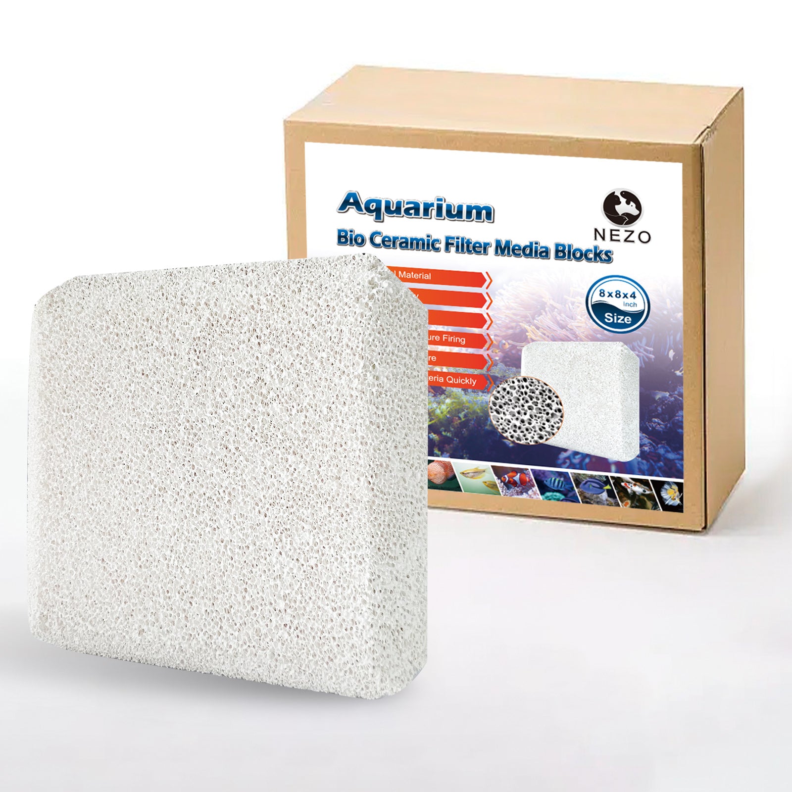 NEZO 8x8x4 inch Ceramic Filter Media - High Surface Area, Open-Flow Porosity for Marine & Freshwater Aquariums - Efficient Ammonia, Nitrate & Nitrite Removal